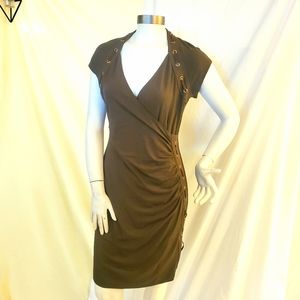 Carmen Marc Valvo Olive Green Short Sleeve dress with Leather Trim SZ Large